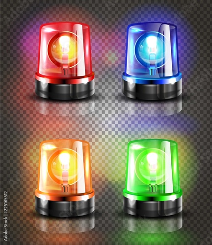 Realistic Flasher Siren Set Vector. Red, Orange, Green, Blue. 3D Realistic Object. Light Effect. Rotation Beacon. Emergency Flashing Siren. Isolated On Transparent Background Illustration