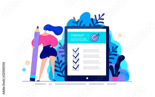 Business woman standing with giant pencil in hand near to checklist on tablet