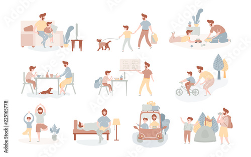 Single european father and son spending time together eating, playing, walking