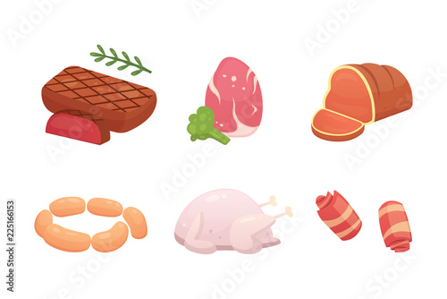 Set fresh meat products. Steak in cartoon style. Vector isolated illustration beef steak, pork sausage, ham, bacon slice. Menu design.