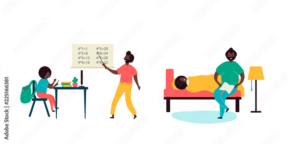 Single black father and son african americans spending time together doing school lessons Single black father and son african americans spending time together doing school lessons