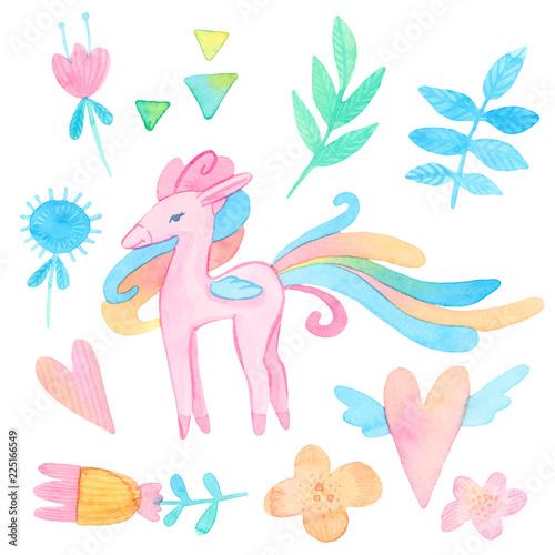 cartoon watercolor illustration. baby cute set. template for fantasy, children's invitations. unicorns, stars, magic, heart, leaves, plant. isolated on white background