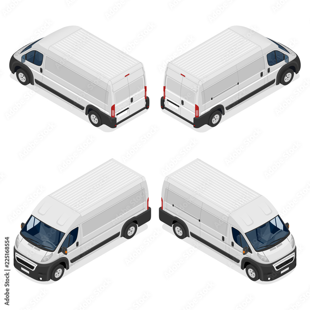 Fototapeta premium Commercial white van icons set isolated on a white background. Flat 3d vector isometric illustration.