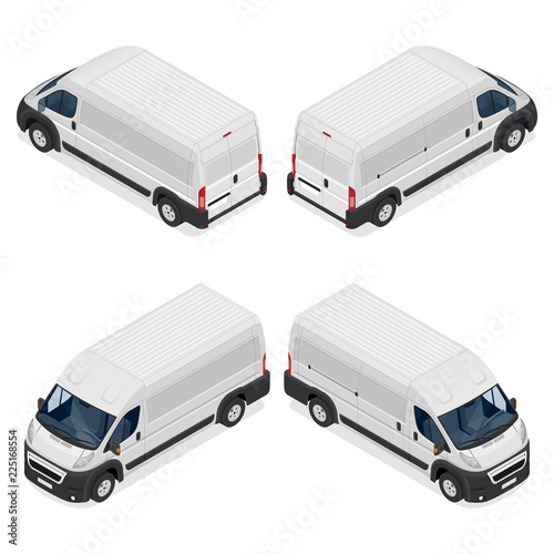 Commercial white van icons set isolated on a white background. Flat 3d vector isometric illustration.