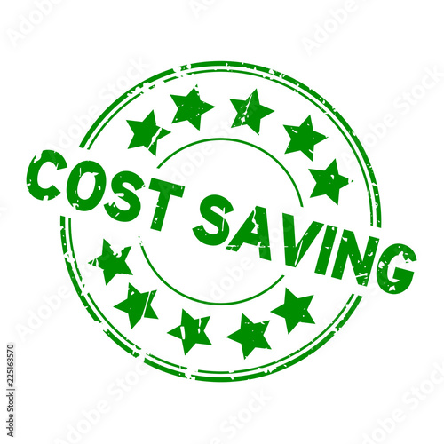 Grunge green cost saving word with star icon round rubber seal business stamp on white background