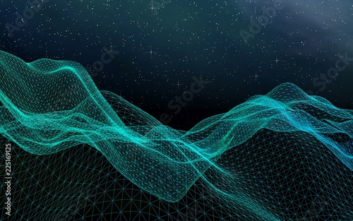 Star horizon. Abstract landscape on a dark background. Cyberspace grid. Hi-tech network. Outer space. Starry outer space texture. 3D illustration