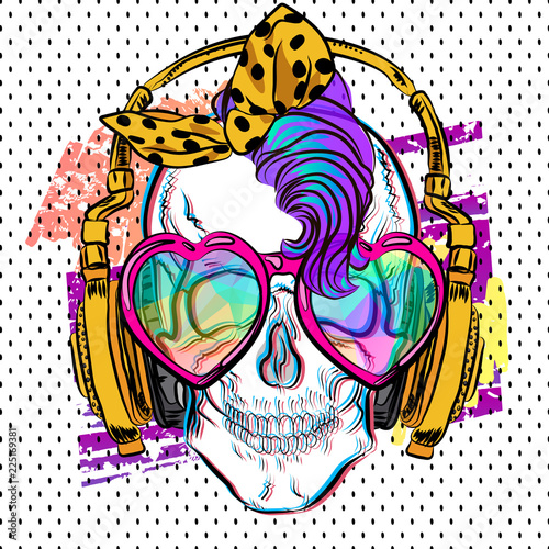 Cool skull print. Punk t-shirt for girl. Skull with mohawk.