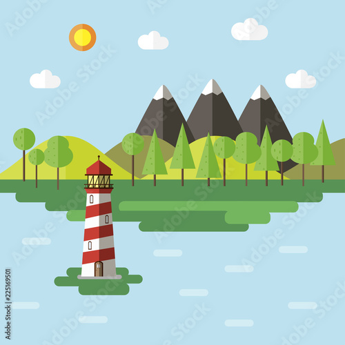 Vector landscape in flat style with hills  mountains  forest and red lighthouse