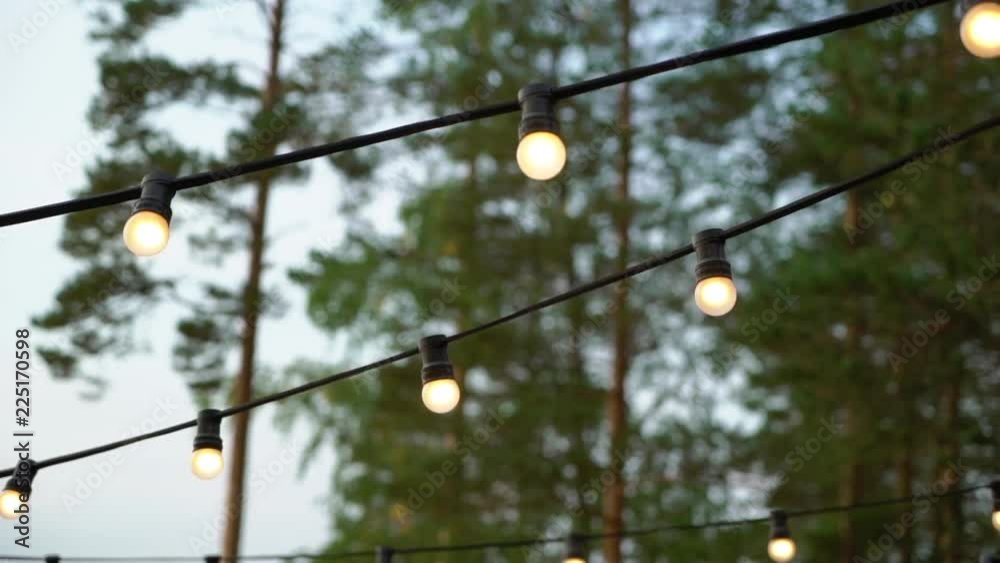 Decorative outdoor string lights hanging in the garden at night or evening time. Decoration at celebration party in forest countryside