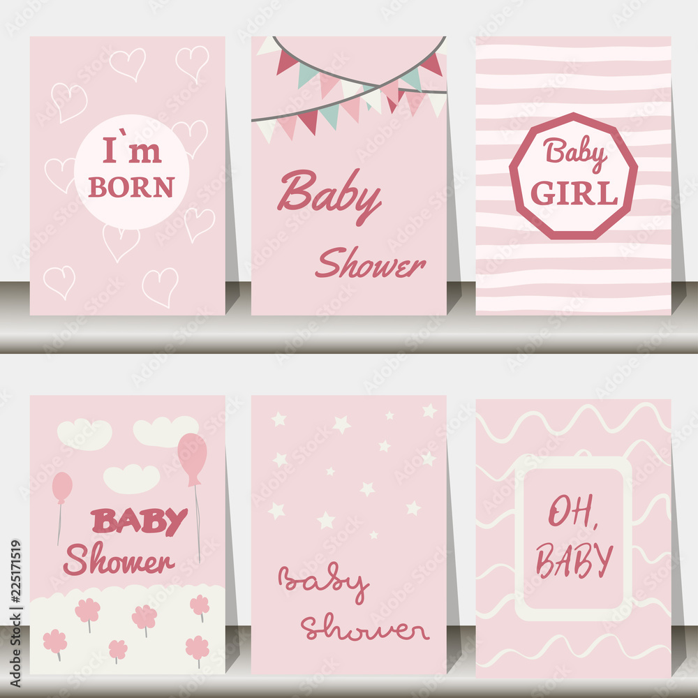 Set of baby shower invitation card, templates, banners, celebration greetings. Vector illustration in pink colors. Set of baby shower invitation card, templates, banners, celebration greetings. Vector illustration in pink colors.