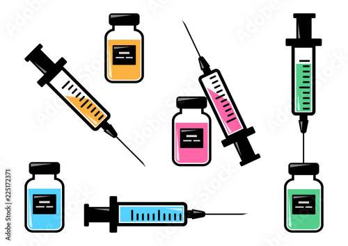 Set of syringes for injection with colorful vaccine, vials of medicine. Vector illustration