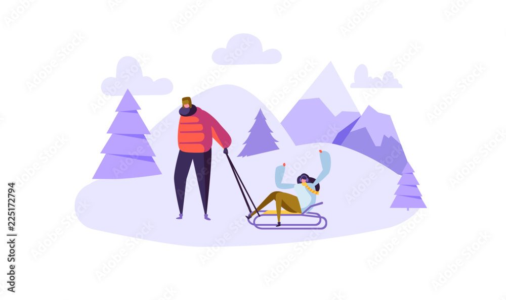 Fototapeta premium Happy Couple Characters on Winter Activities