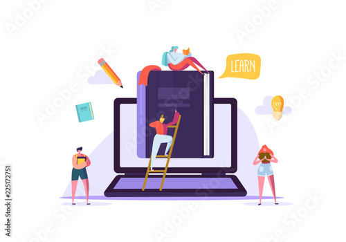Online Education Concept. E-Learning with Flat People Reading Books. Graduation University College Characters. Teaching Course Seminar Students. Vector illustration