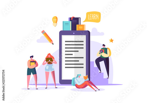 Online Education Concept. E-Learning with Flat People Reading Books. Graduation University College Characters. Teaching Course Seminar Students. Vector illustration
