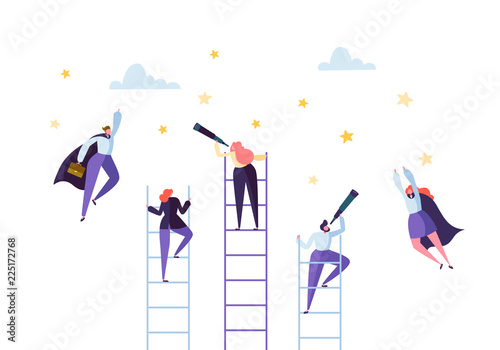 Business People Climbing on Ladder to Success. Competition Career Achieving the Goal Concept. Businessman and Businesswoman Flying to Stars. Vector illustration