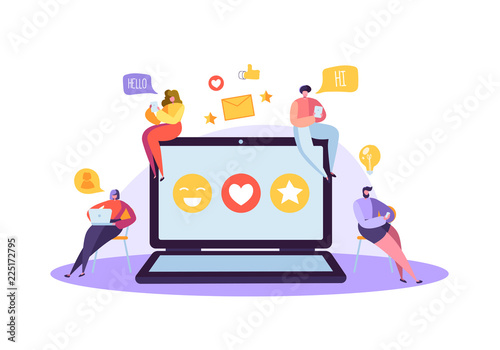 Social Media Concept with Characters Chatting on Gadgets. Group of Flat People Using Mobile Devices. Man and Woman Social Networking and Blogging. Vector illustration