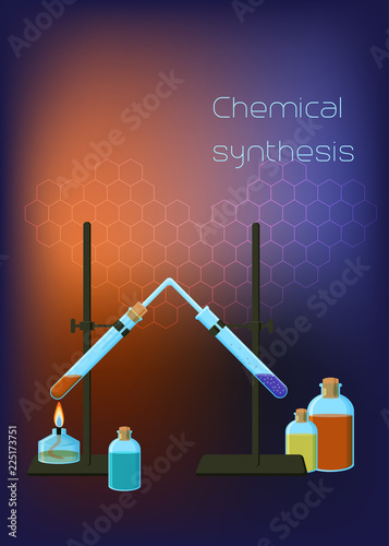 Chemistry scientific background template with tripod and connected test tubes spirit burner and bottles with reagents