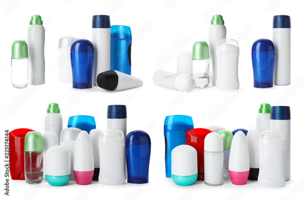 Set with different deodorants on white background Set with different deodorants on white background