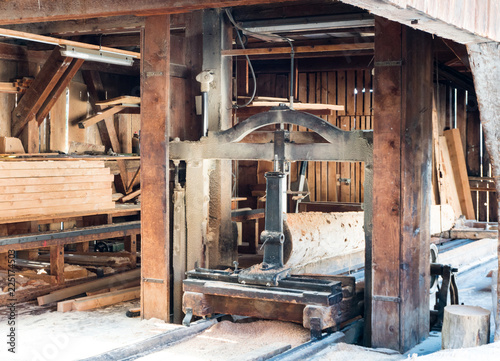 A view of the interior of an old traditional swa mill with old machines and tools