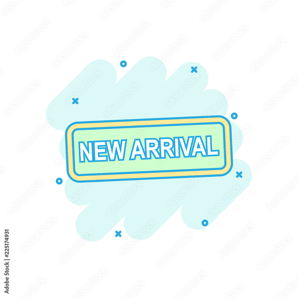 Fototapeta premium Cartoon colored new arrival icon in comic style. Sell illustration pictogram. New arrival sign splash business concept.