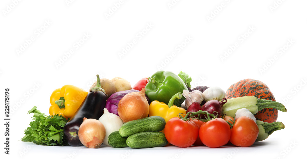 Heap of fresh ripe vegetables on white background. Organic food - obrazy, fototapety, plakaty 