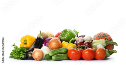 Heap of fresh ripe vegetables on white background. Organic food
