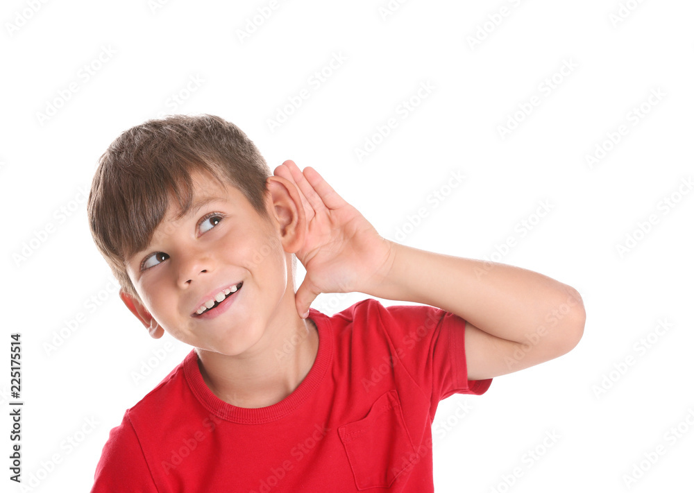 Cute little boy with hearing problem on white background Cute little boy with hearing problem on white background
