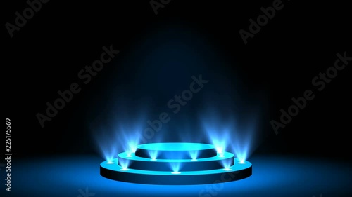 Stage podium with spot lighting, shining empty scene for award Ceremony or advertising on the dark blue Background. Looped motion graphic.