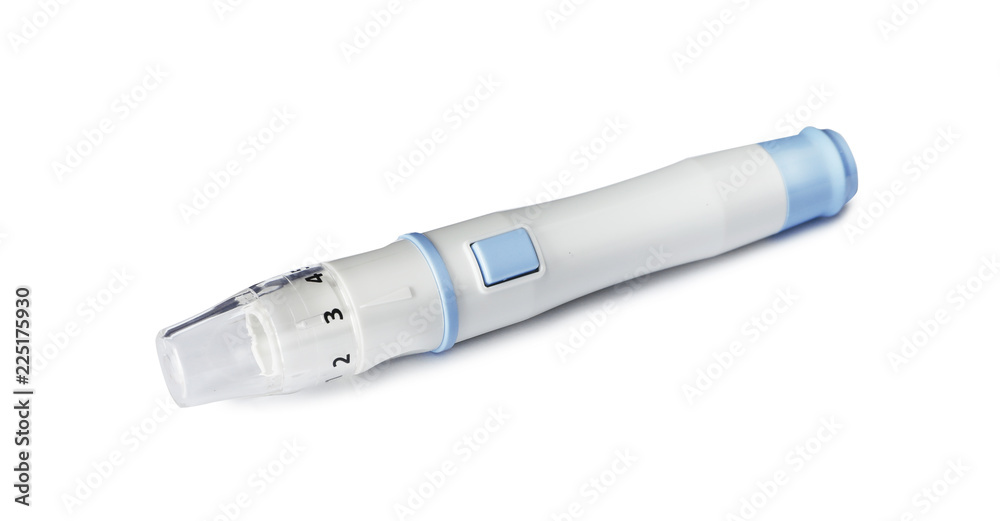 Blood lancet pen on white background. Medical device Blood lancet pen on white background. Medical device