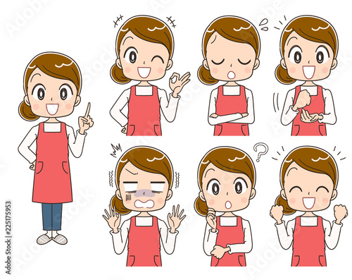 エプロン姿の女性のイラスト（セット・全身）