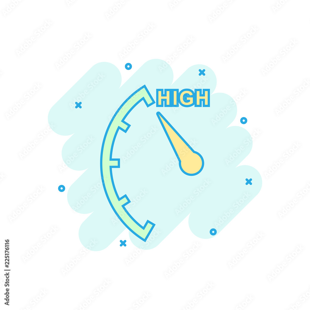 Cartoon colored high level icon in comic style. Speedometer, tachometer illustration pictogram. High level sign splash business concept. Cartoon colored high level icon in comic style. Speedometer, tachometer illustration pictogram. High level sign splash business concept.
