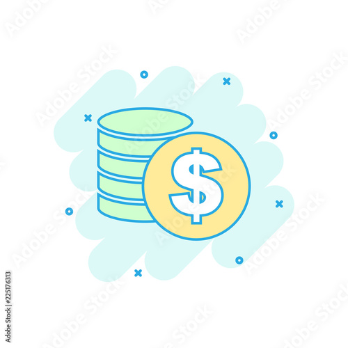 Cartoon colored money coins icon in comic style. Dollar coin illustration pictogram. Money sign splash business concept.