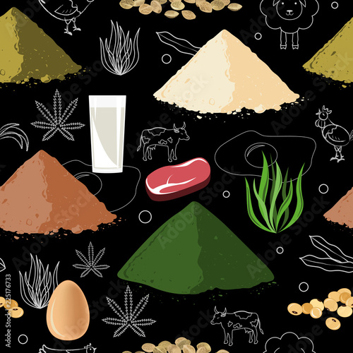 Sports nutrition seamless pattern. Protein food and protein powder.