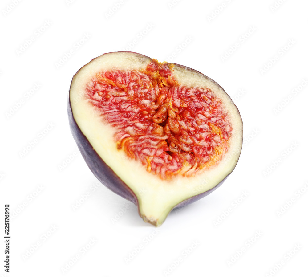 Half of ripe purple fig on white background