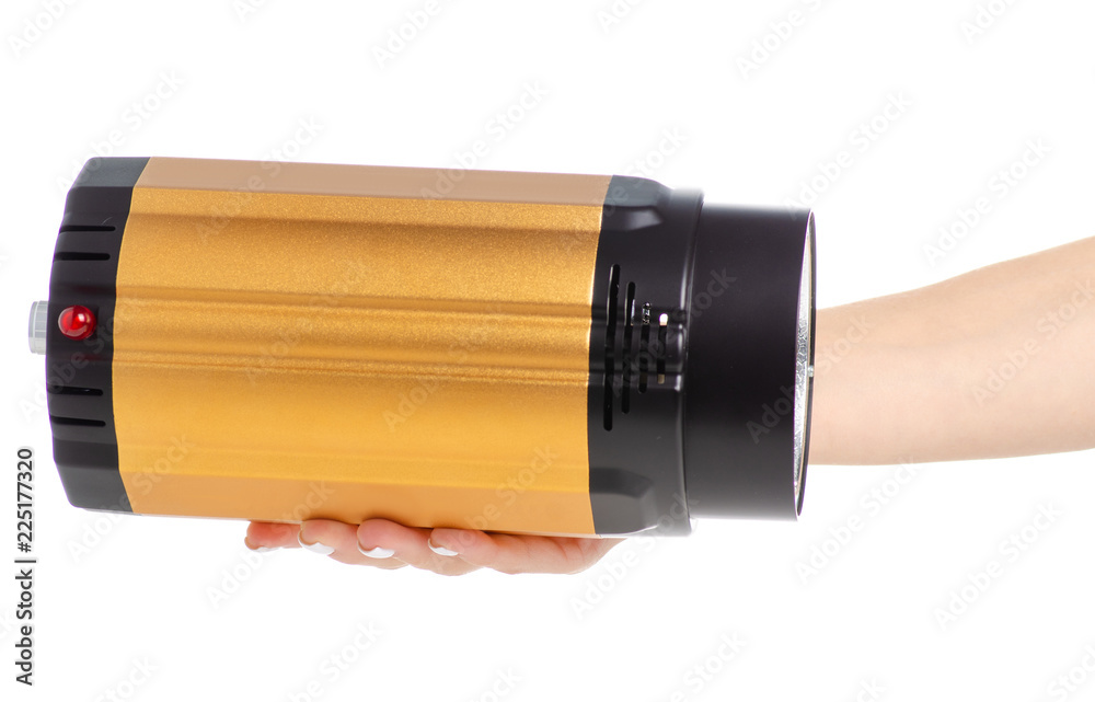 Studio flash equipment in hand on white background isolation Studio flash equipment in hand on white background isolation