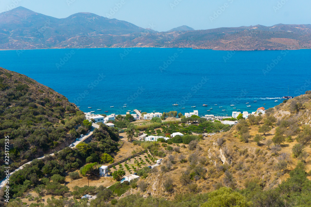 View the bay from above where Klima village is located in Milos, Greece