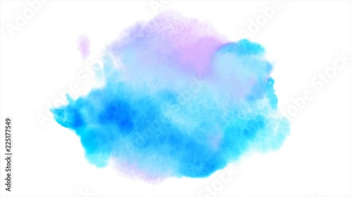 Beautiful blue spot appears on a white background. Light cyan and pink paints spreads on paper forming a blot.