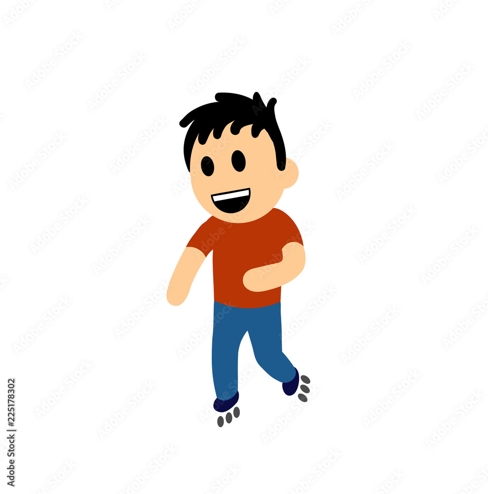 Funny cartoon boy on rollers. Colorful flat vector illustration. Isolated on white background.