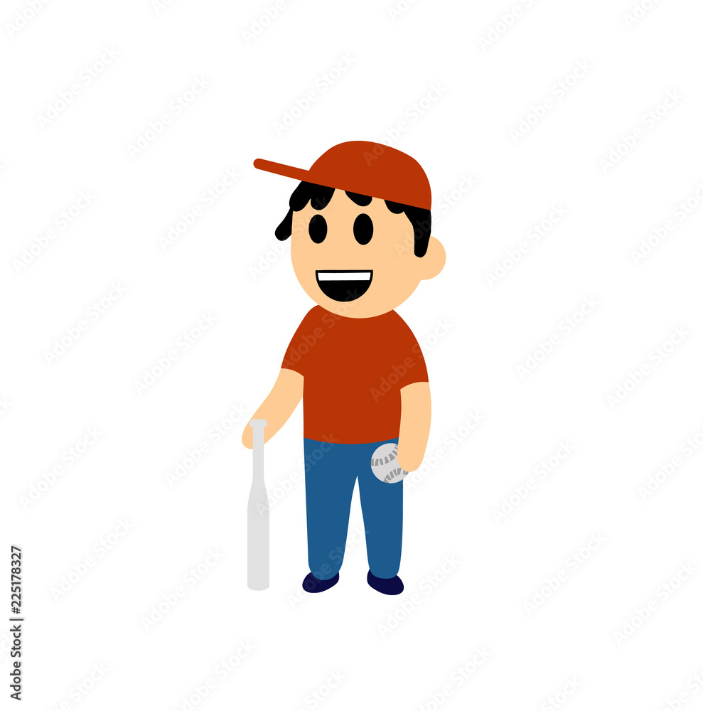 Funny cartoon boy with a baseball bat. Colorful flat vector illustration. Isolated on white background.