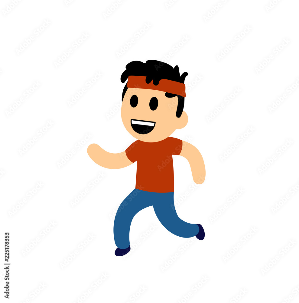 Funny cartoon boy running. Colorful flat vector illustration. Isolated on white background.