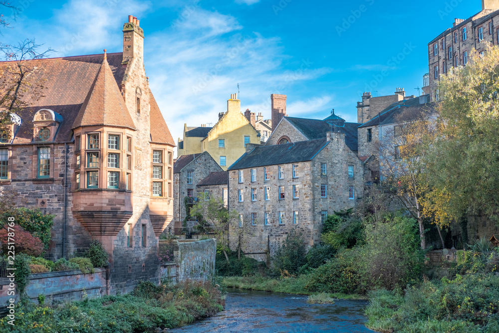 Naklejka premium Dean Village, a former village in the northwest of the city centre of Edinburgh, Scotland. Also known as the Water of Leith Village