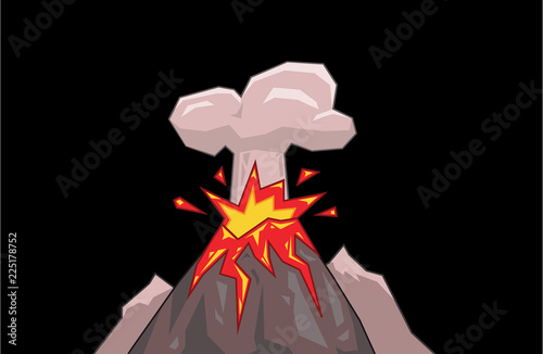 Volcano mountain top exploding with a small cloud of smoke. Flat vector illustration. Isolated on black background.