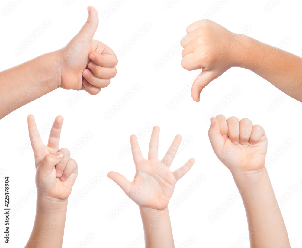 Child hands showing hand signs isolated on white background