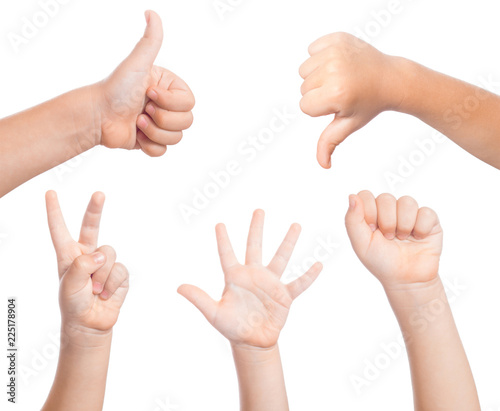 Child hands showing hand signs isolated on white background