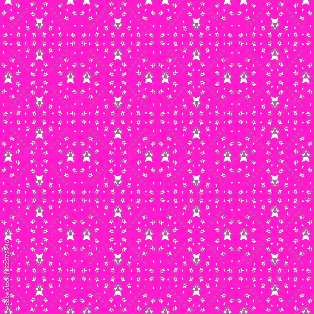 Seamless pattern of stars and geometric shapes in white and purple colors  on pink (magenta) background. Flat design vector illustration, EPS10, for  wallpaper, gift wrap paper, tile print, etc. Stock Vector