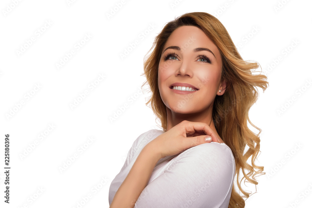 Blonde hair model woman. Female portrait. Studio shot. Blonde hair model woman. Female portrait. Studio shot.