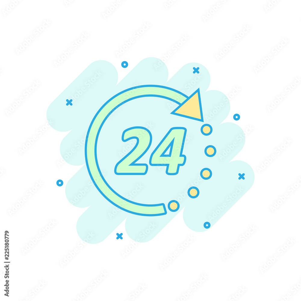Cartoon colored time icon in comic style. 24 hours illustration pictogram. Clock timer sign splash business concept. Cartoon colored time icon in comic style. 24 hours illustration pictogram. Clock timer sign splash business concept.