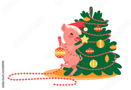 happy pig in Santa hat dancing and prancing around a Christmas tree. Cartoon vector illustration with copy space. Little piggy is decorating the Christmas tree