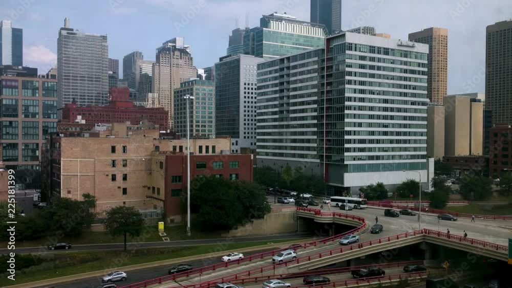 Randolph Street at Interstate 90. West Loop, Chicago, USA. Urban traffic time lapse. Main streets in Chicago, streets in Illinois. Randolph Street at Interstate 90. West Loop, Chicago, USA. Urban traffic time lapse. Main streets in Chicago, streets in Illinois.
