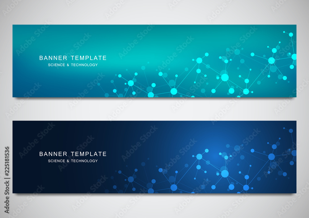 Scientific and technological vector banners. Abstract background with molecular structures. Scientific and technological vector banners. Abstract background with molecular structures.